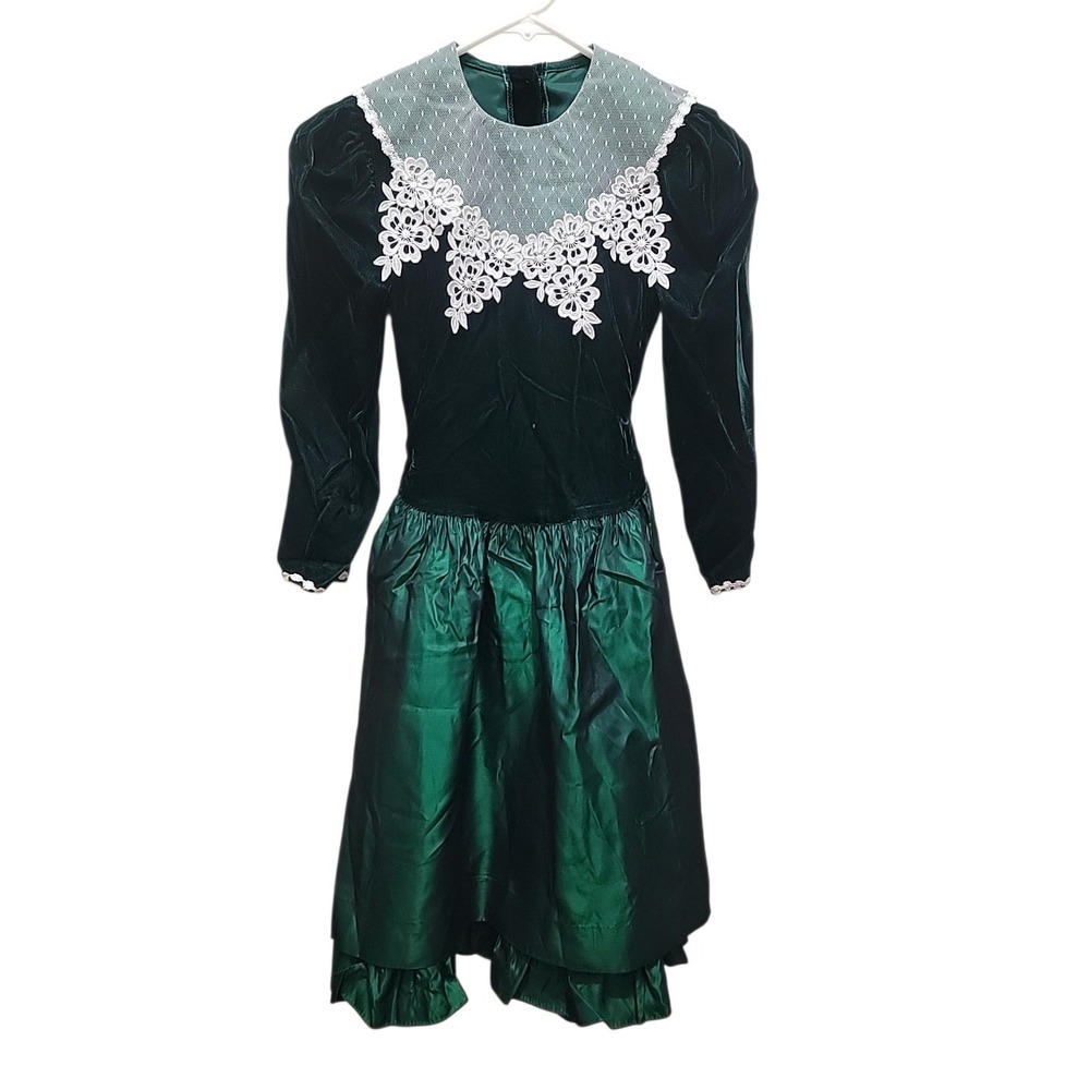 Vintages 80S/90S Sarah Kent Lace Velvet Green  Girl Sz 8 Holiday Dress